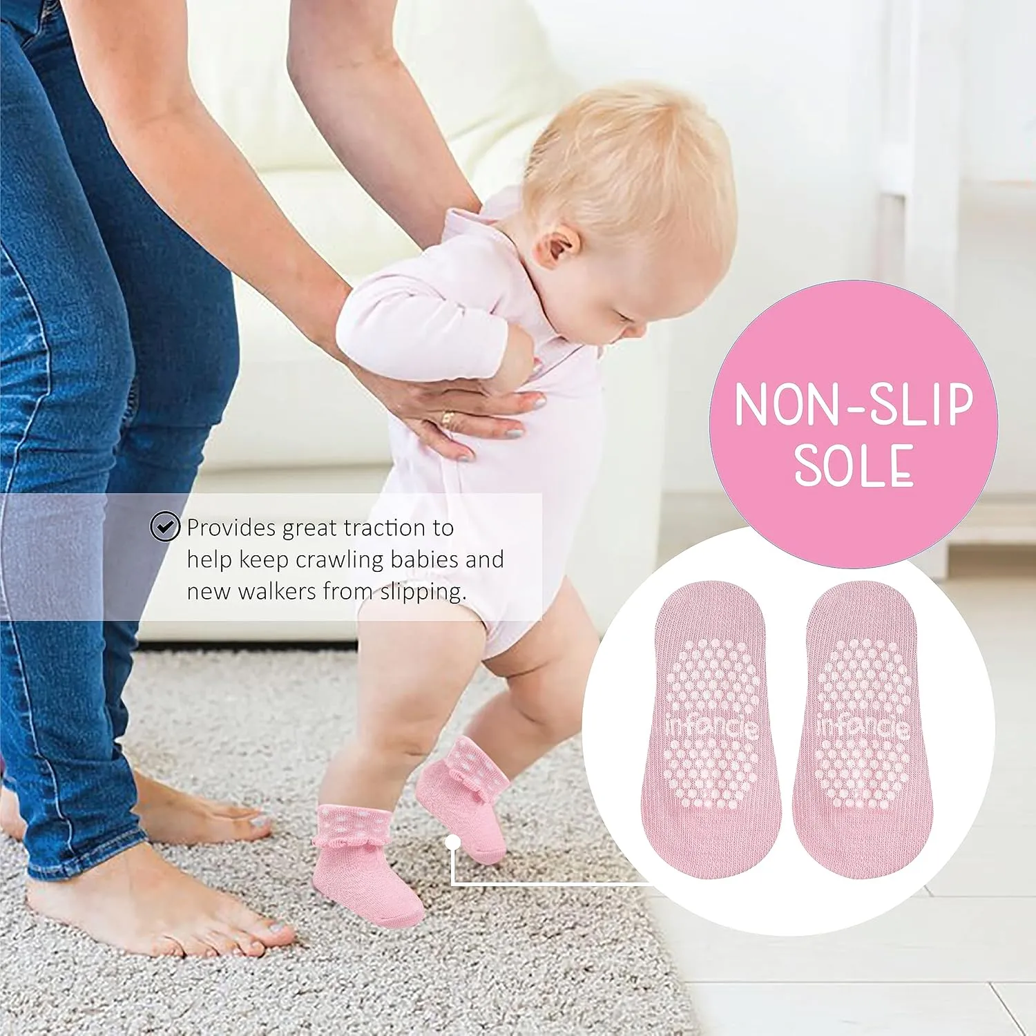 Baby Socks 12 Pairs - Non-Slip Infant Grip for Newborns & Toddlers 0-6 Months, Boys & Girls, Safe for Walking