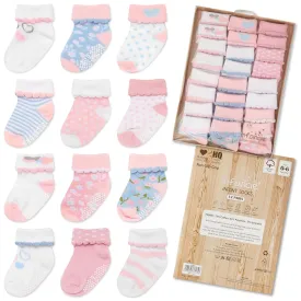 Baby Socks 12 Pairs - Non-Slip Infant Grip for Newborns & Toddlers 0-6 Months, Boys & Girls, Safe for Walking
