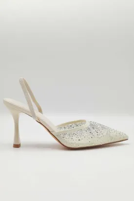 Cedilia Gemstone Embellished Mesh Slingback Court Shoes in Nude