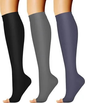 CHARMKING 3 Pairs Open Toe Compression Socks for Women & Men Circulation 15-20 mmHg is Best Support for All Day Wear
