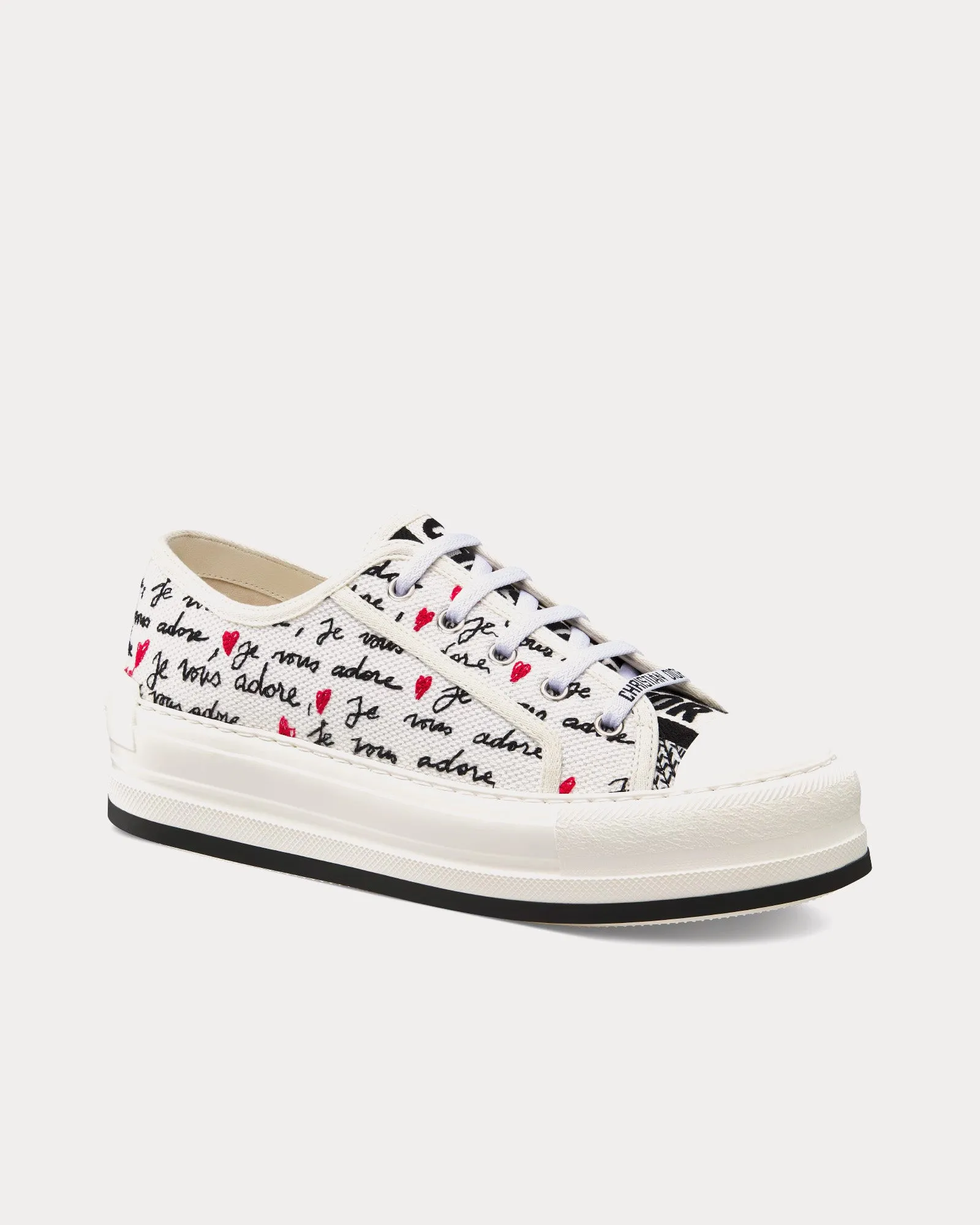 Dioramour Walk'n'Dior Platform White Cotton with Embroidered Black and Red Je Vous Adore Motif Low Top Sneakers