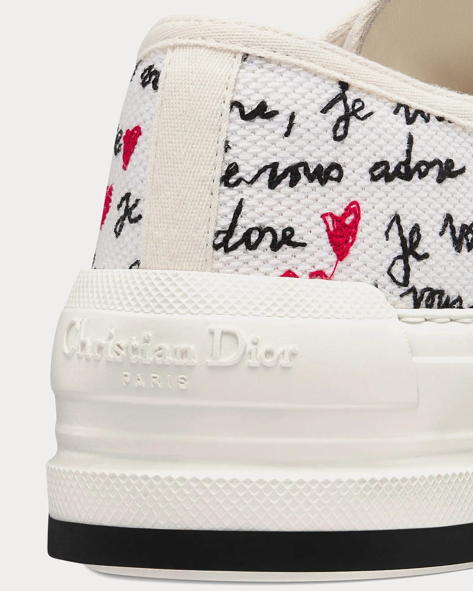 Dioramour Walk'n'Dior Platform White Cotton with Embroidered Black and Red Je Vous Adore Motif Low Top Sneakers
