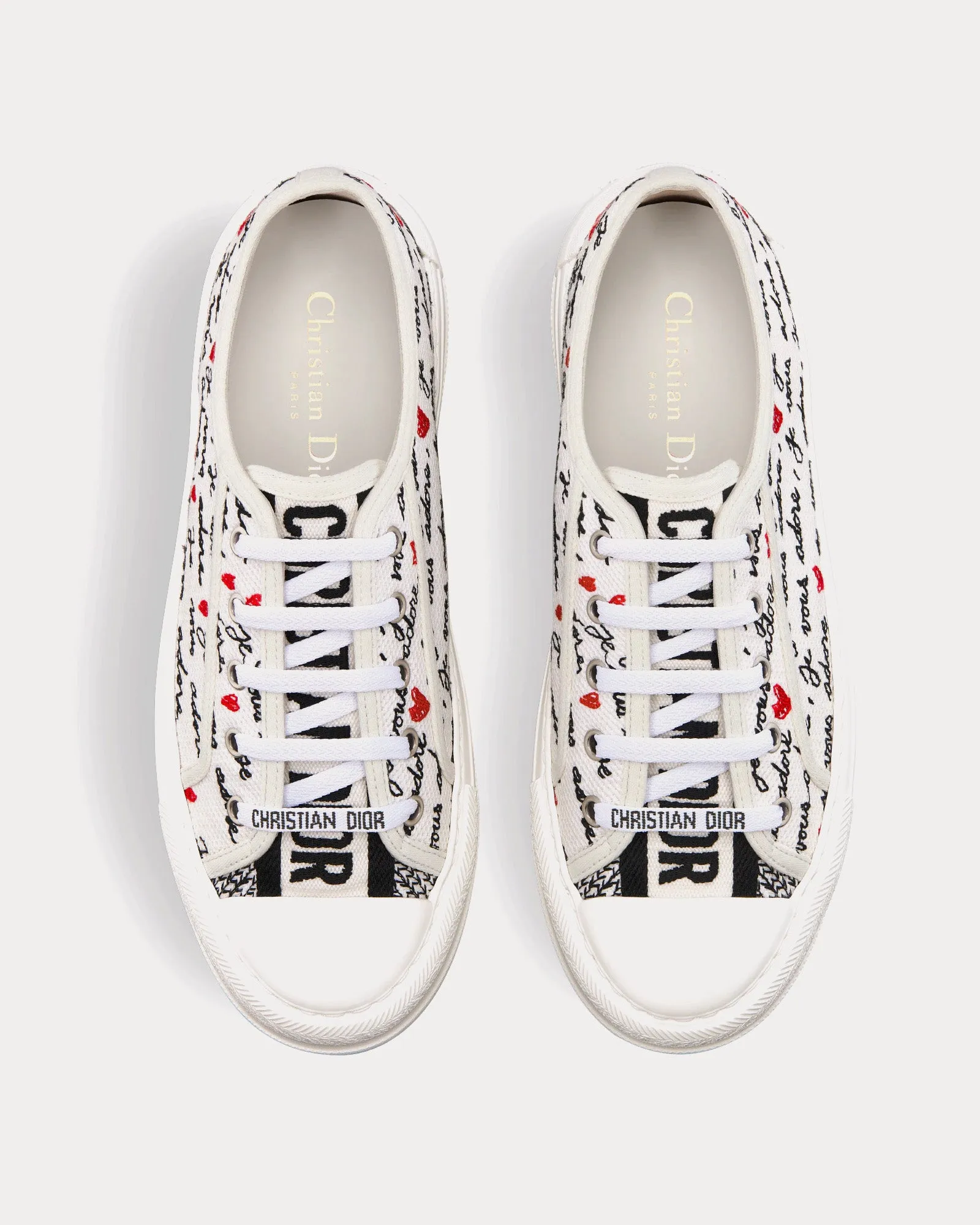 Dioramour Walk'n'Dior Platform White Cotton with Embroidered Black and Red Je Vous Adore Motif Low Top Sneakers