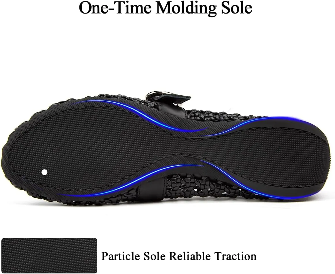 Mesh Mary Jane Flats for Women Hand Woven Flats Slip on Leather Round Toe Comfy Buckle Strap Dressy Beach Ballerina Sandals