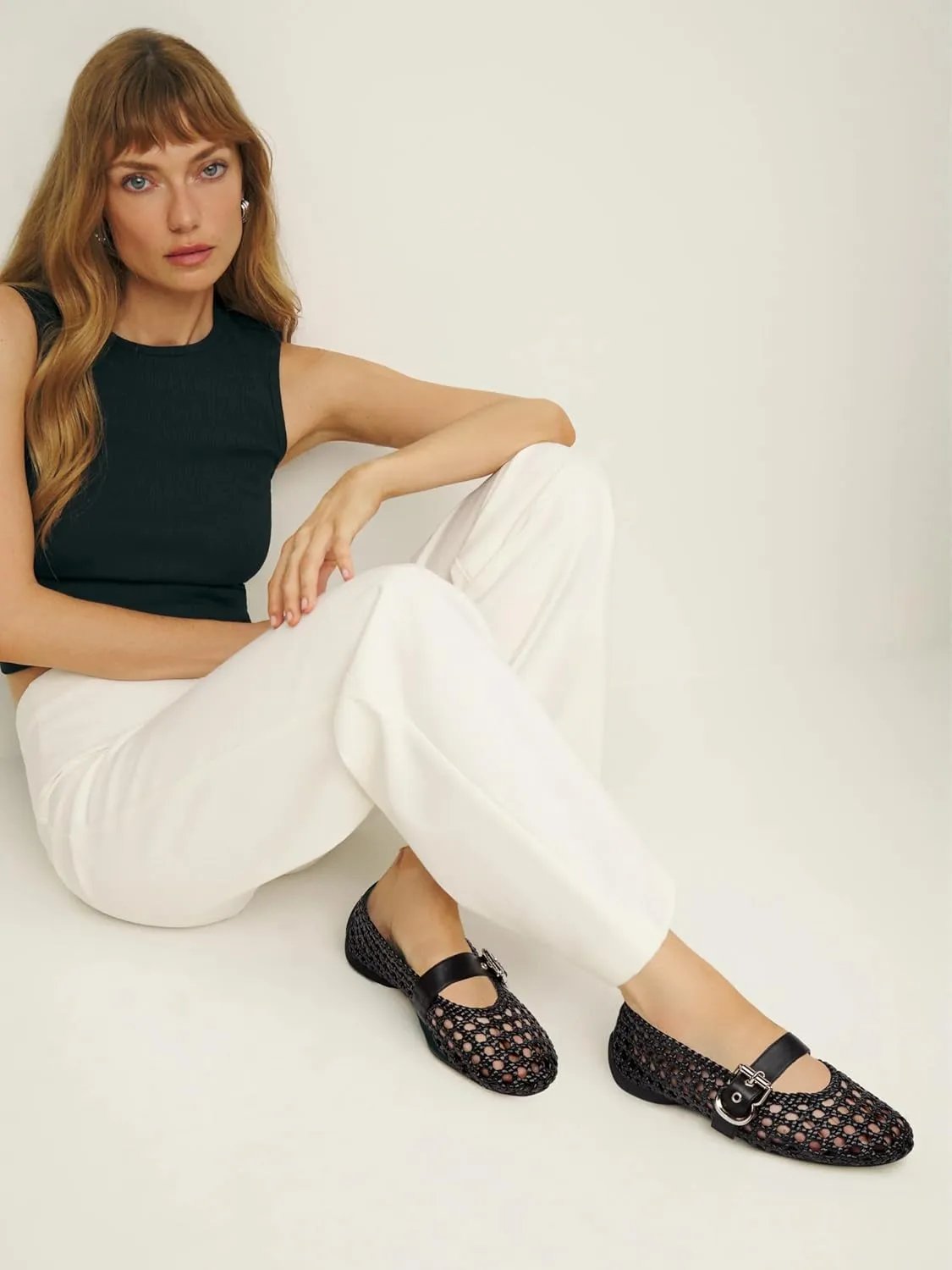Mesh Mary Jane Flats for Women Hand Woven Flats Slip on Leather Round Toe Comfy Buckle Strap Dressy Beach Ballerina Sandals