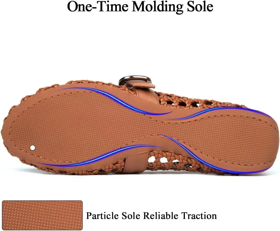 Mesh Mary Jane Flats for Women Hand Woven Flats Slip on Leather Round Toe Comfy Buckle Strap Dressy Beach Ballerina Sandals