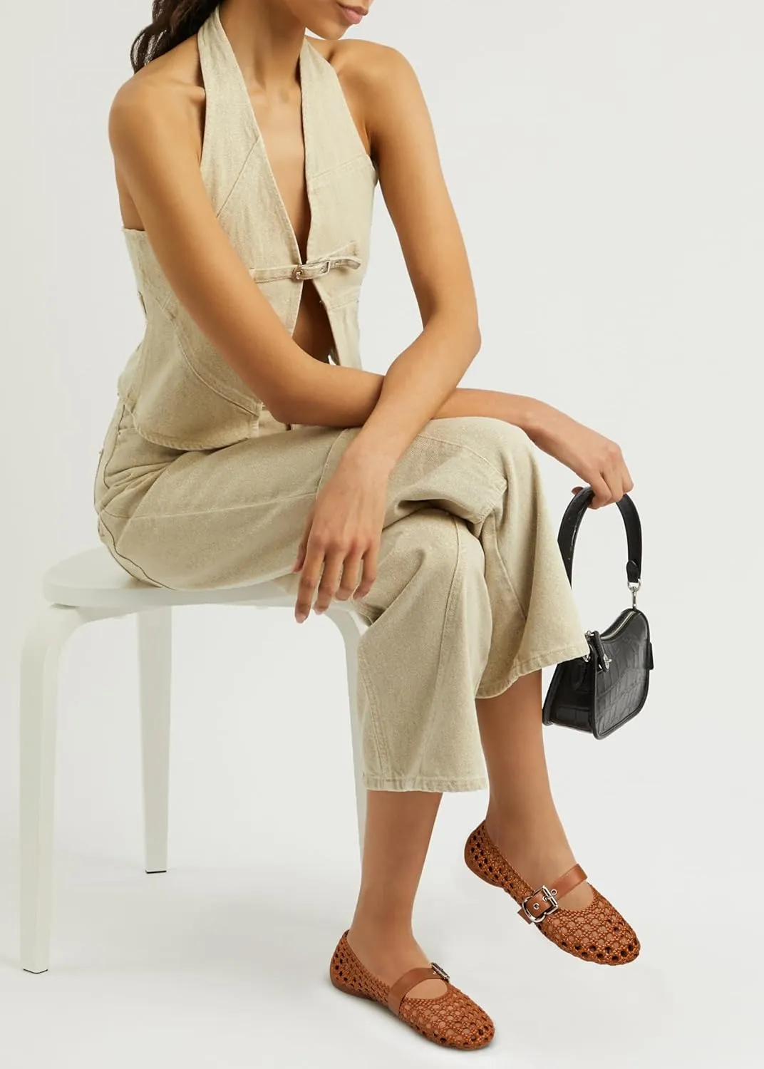 Mesh Mary Jane Flats for Women Hand Woven Flats Slip on Leather Round Toe Comfy Buckle Strap Dressy Beach Ballerina Sandals