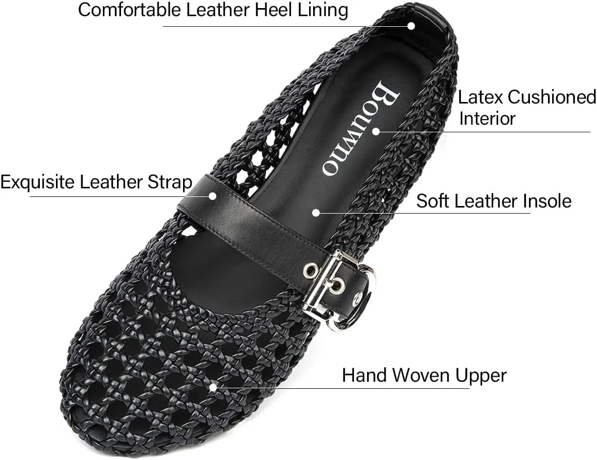 Mesh Mary Jane Flats for Women Hand Woven Flats Slip on Leather Round Toe Comfy Buckle Strap Dressy Beach Ballerina Sandals