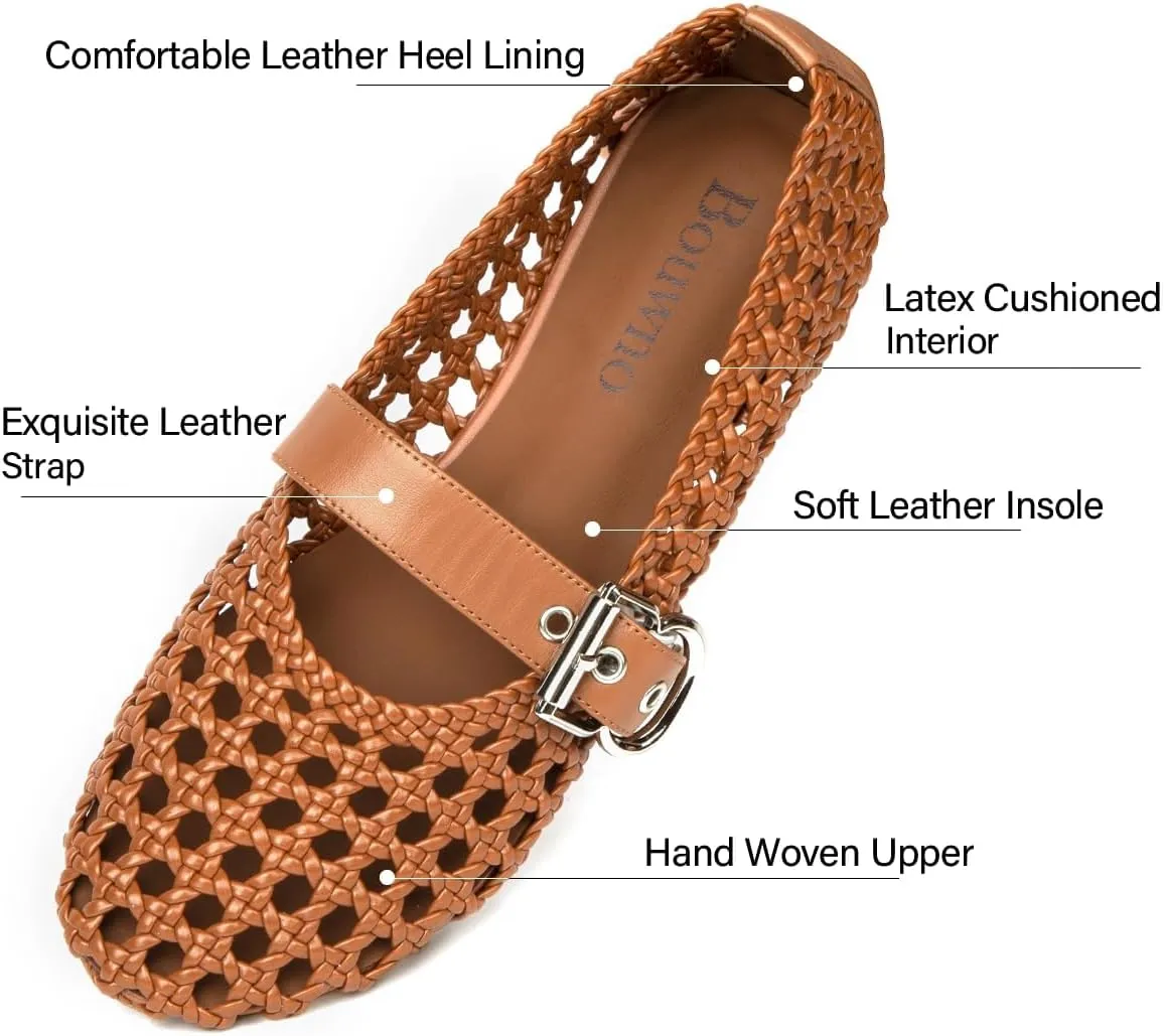 Mesh Mary Jane Flats for Women Hand Woven Flats Slip on Leather Round Toe Comfy Buckle Strap Dressy Beach Ballerina Sandals