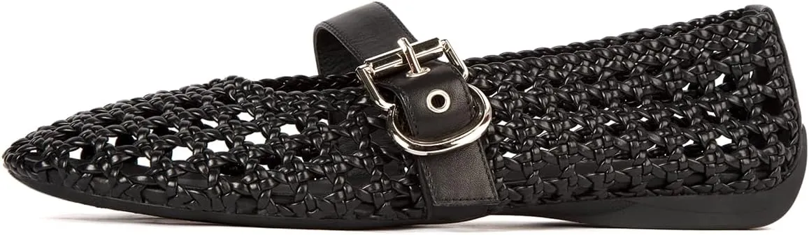 Mesh Mary Jane Flats for Women Hand Woven Flats Slip on Leather Round Toe Comfy Buckle Strap Dressy Beach Ballerina Sandals