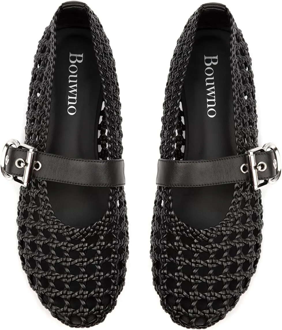 Mesh Mary Jane Flats for Women Hand Woven Flats Slip on Leather Round Toe Comfy Buckle Strap Dressy Beach Ballerina Sandals