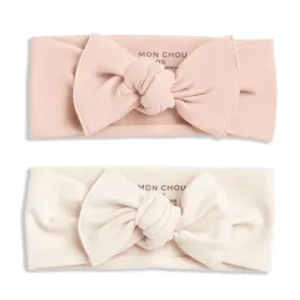 MON CHOU Adjustable Baby Headbands - Set of 2 Organic Cotton Headbands for Baby Girls - Ultra Soft, 100% Pima Cotton Infant Hair Bows (Ivory & Bloom)