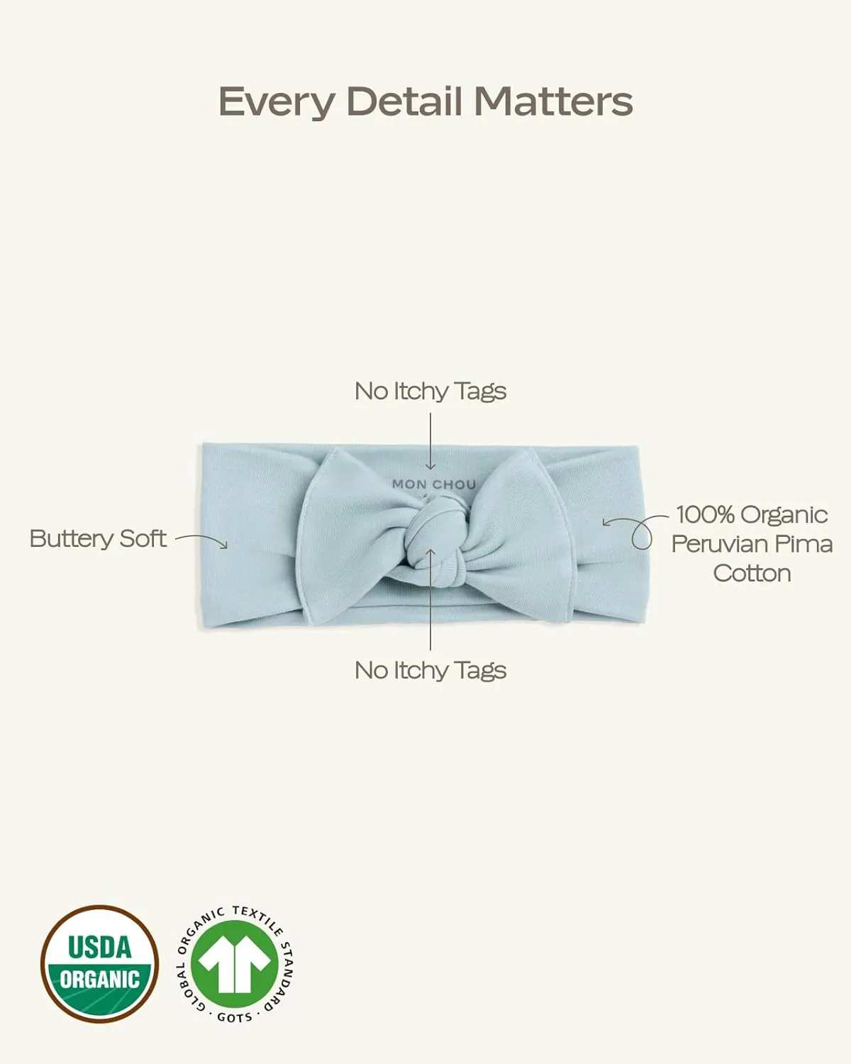 MON CHOU Adjustable Baby Headbands - Set of 2 Organic Cotton Headbands for Baby Girls - Ultra Soft, 100% Pima Cotton Infant Hair Bows (Ivory)