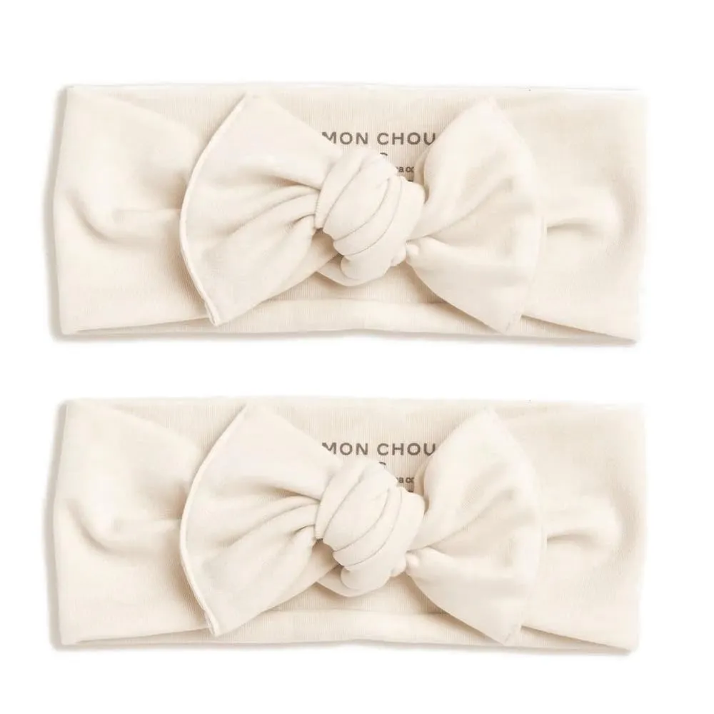 MON CHOU Adjustable Baby Headbands - Set of 2 Organic Cotton Headbands for Baby Girls - Ultra Soft, 100% Pima Cotton Infant Hair Bows (Ivory)