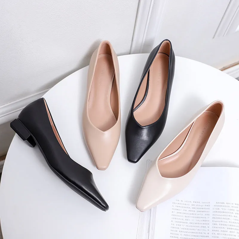 Nude Block Heels Closed Toe Chunky Heel Pumps Women's Flat Shoes Spring Autumn