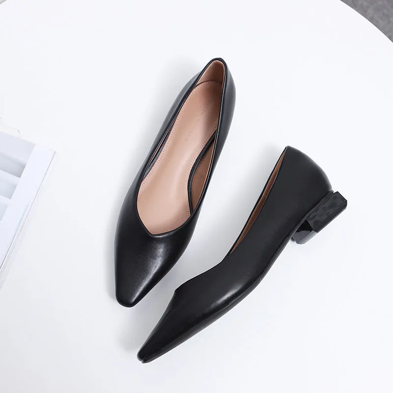Nude Block Heels Closed Toe Chunky Heel Pumps Women's Flat Shoes Spring Autumn