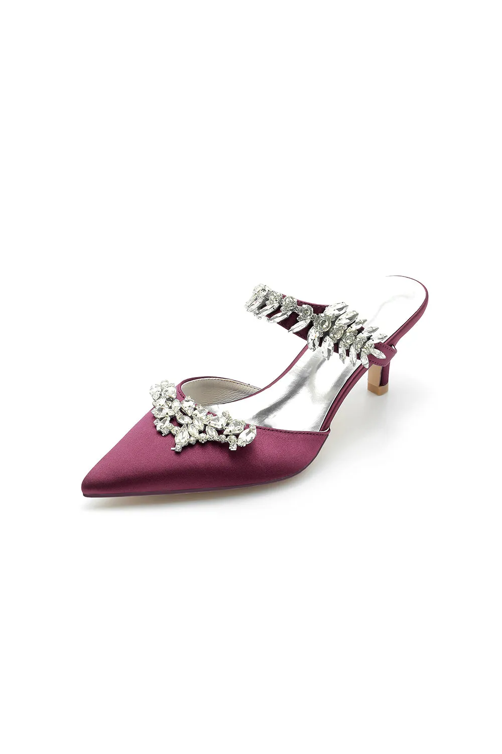 Satin Pointed Toe Mules with Crystal Rhinestone