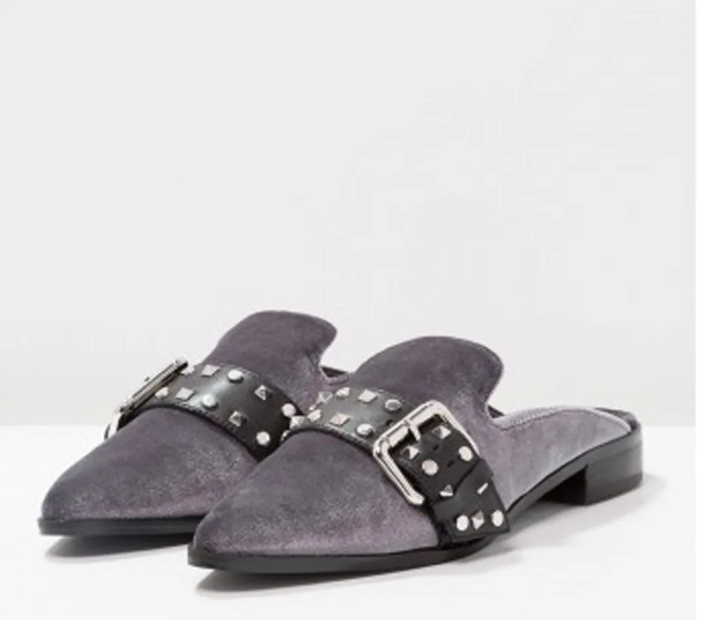 Shellys London Elon Grey Velvet Pointed Toe Metal Buckle Flats Mules Slides