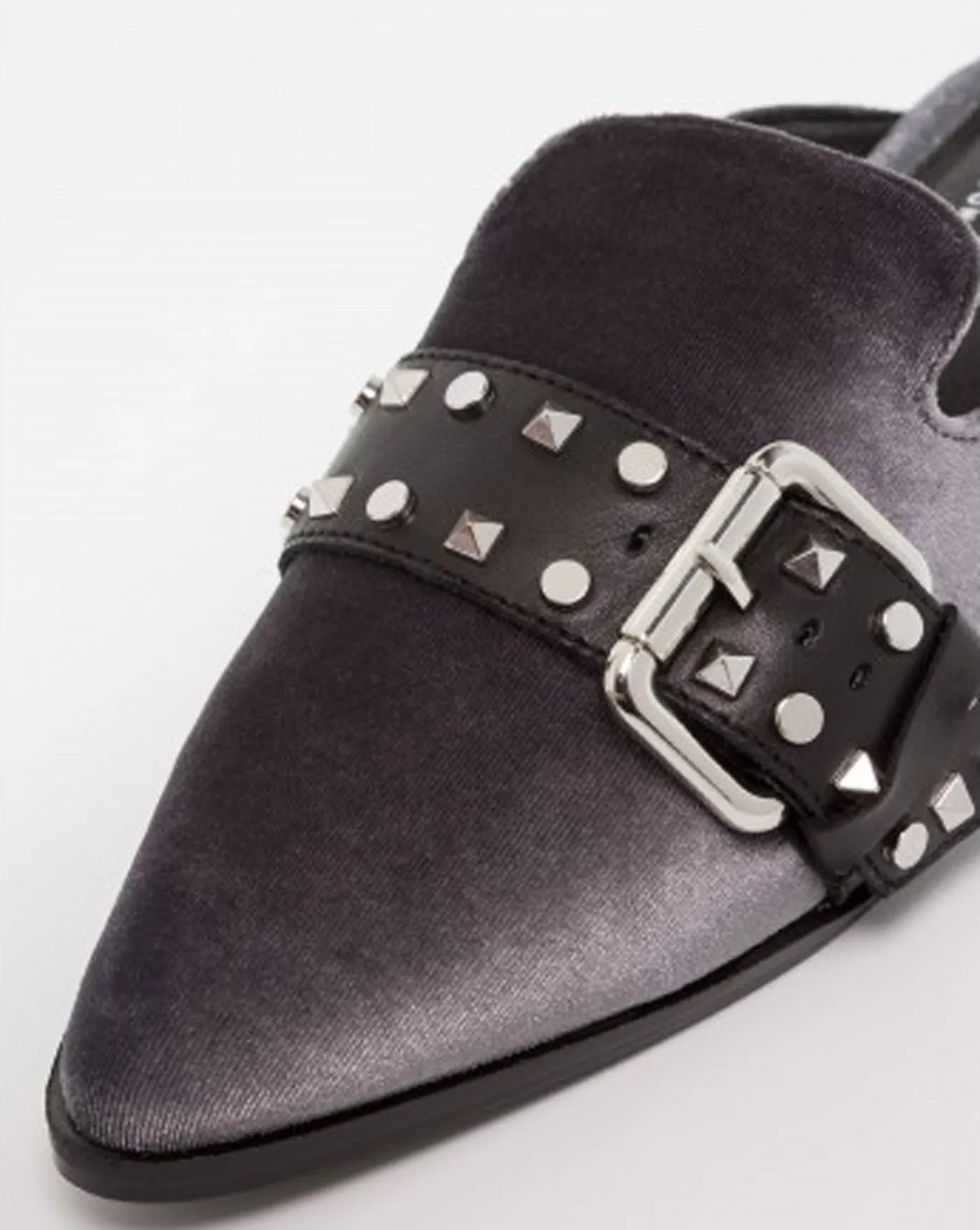 Shellys London Elon Grey Velvet Pointed Toe Metal Buckle Flats Mules Slides