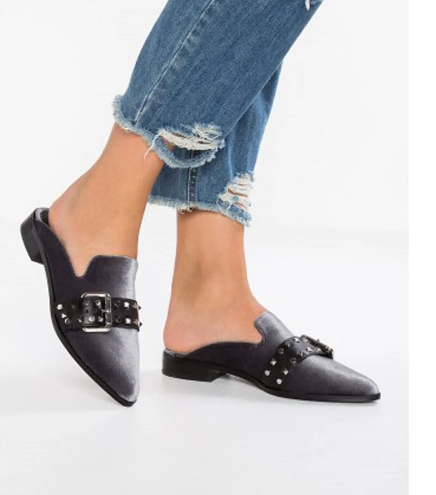 Shellys London Elon Grey Velvet Pointed Toe Metal Buckle Flats Mules Slides