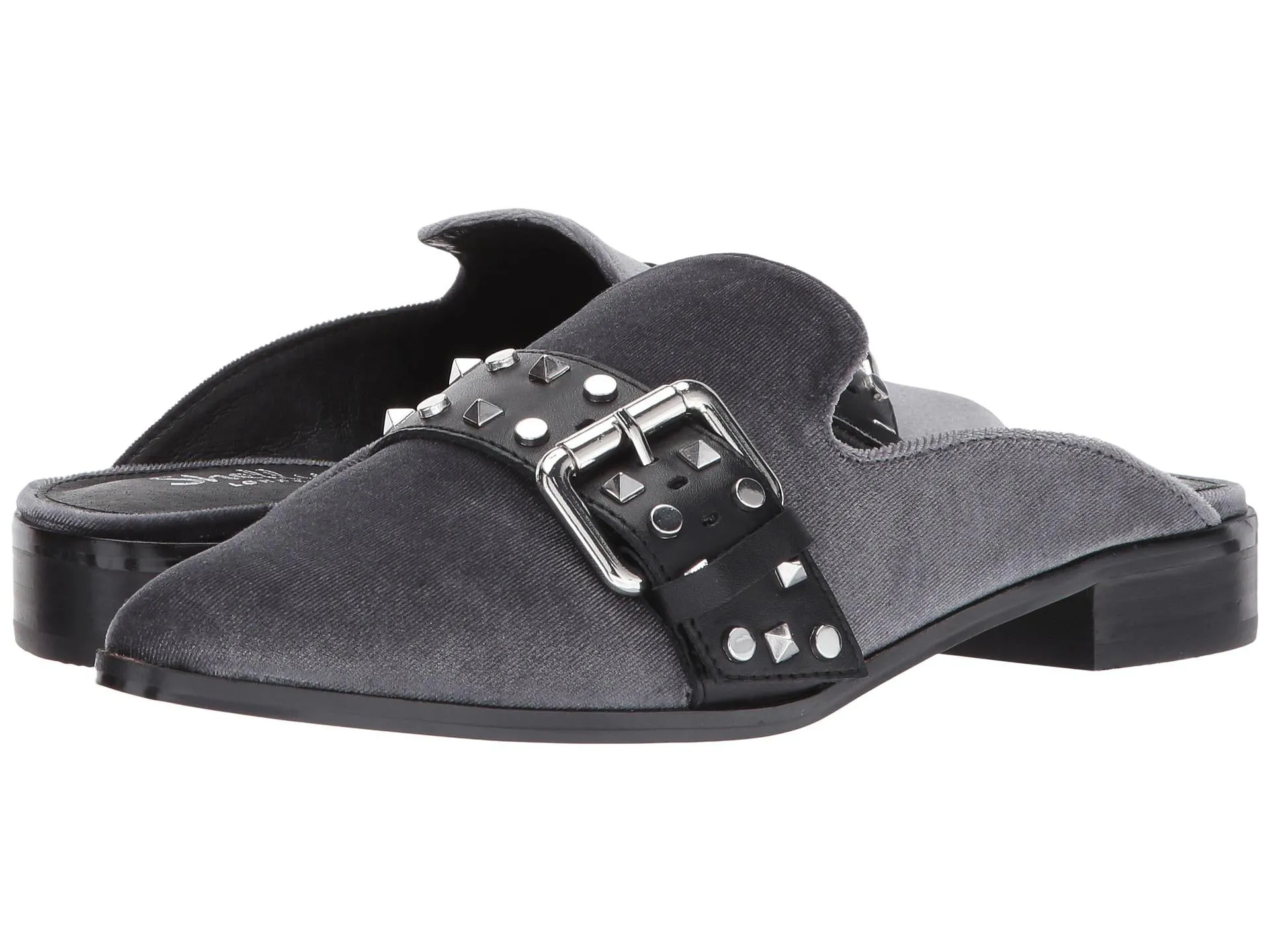 Shellys London Elon Grey Velvet Pointed Toe Metal Buckle Flats Mules Slides