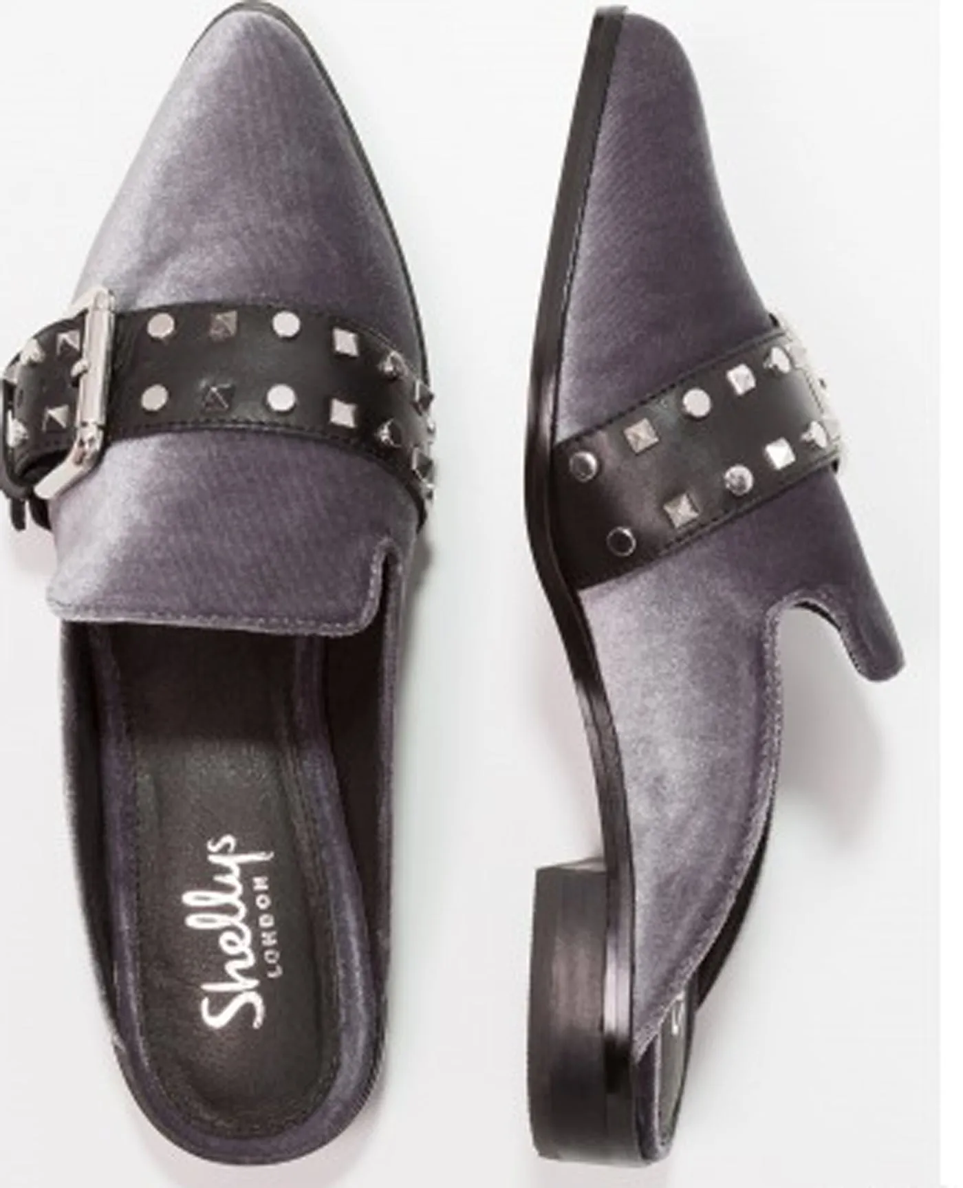 Shellys London Elon Grey Velvet Pointed Toe Metal Buckle Flats Mules Slides