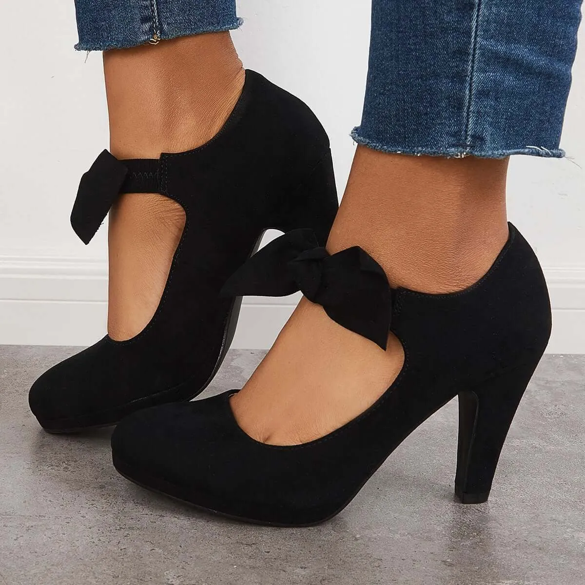 Sohiwoo Women Thick Heel Mary Jane Pumps Bowknot Round Toe Ankle Strap Heels