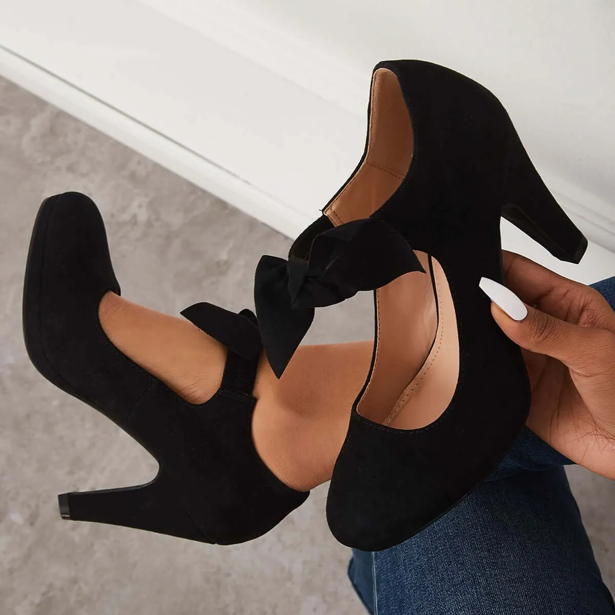 Sohiwoo Women Thick Heel Mary Jane Pumps Bowknot Round Toe Ankle Strap Heels