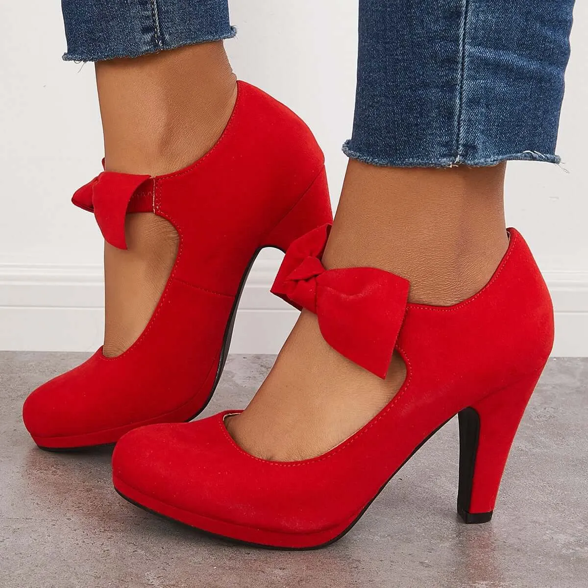 Sohiwoo Women Thick Heel Mary Jane Pumps Bowknot Round Toe Ankle Strap Heels