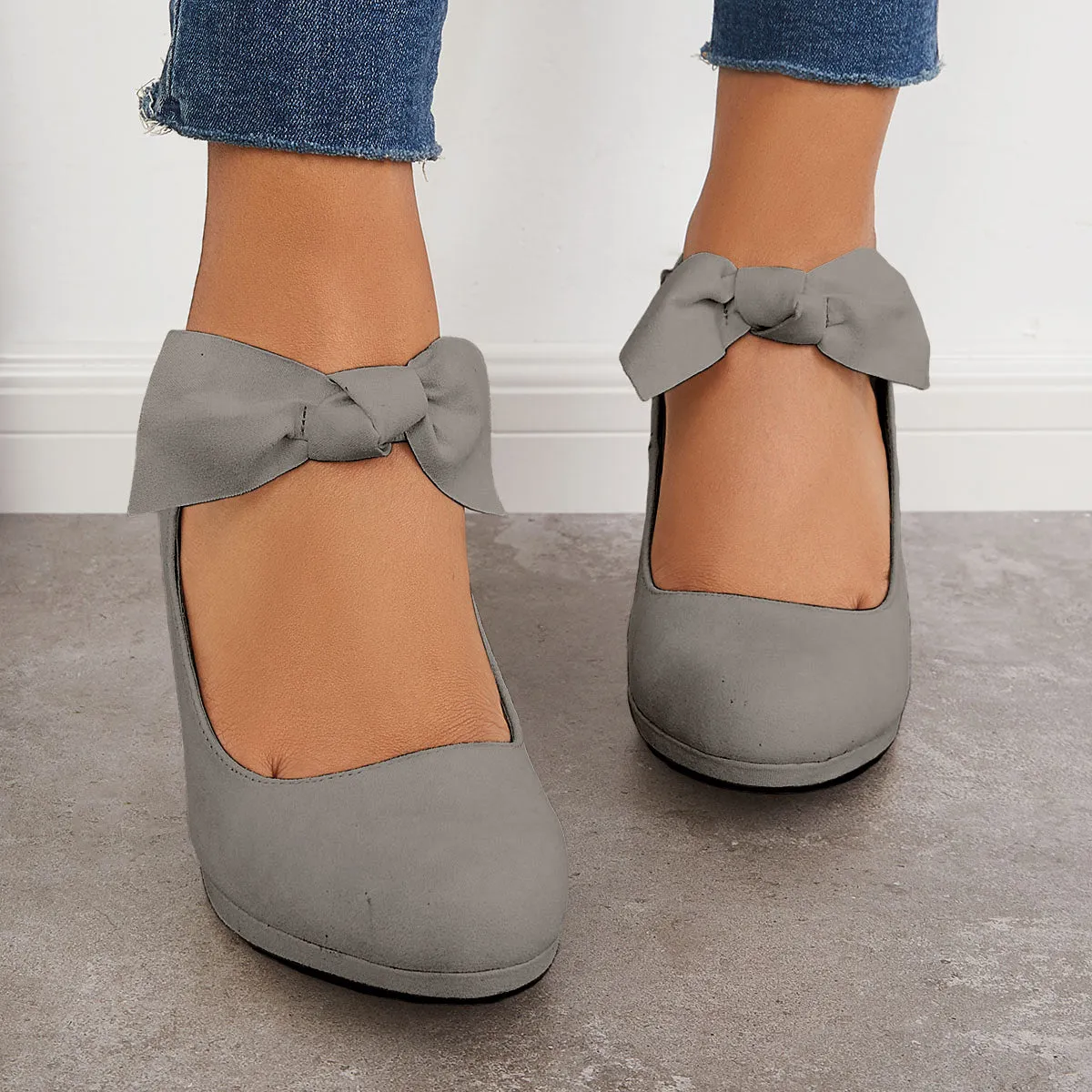 Sohiwoo Women Thick Heel Mary Jane Pumps Bowknot Round Toe Ankle Strap Heels