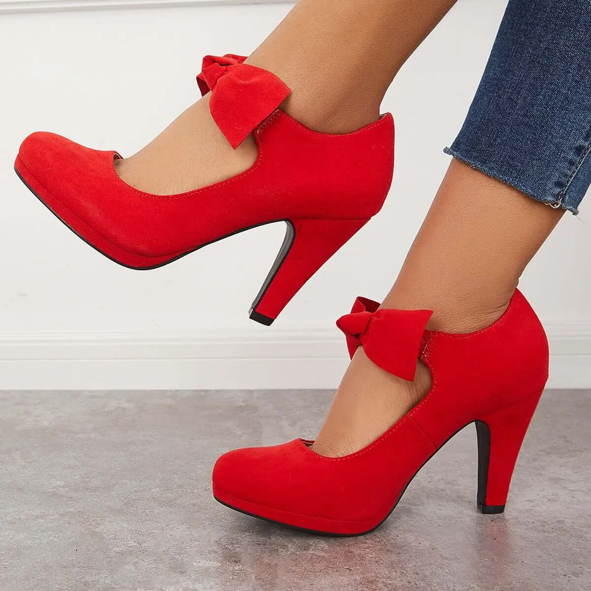 Sohiwoo Women Thick Heel Mary Jane Pumps Bowknot Round Toe Ankle Strap Heels