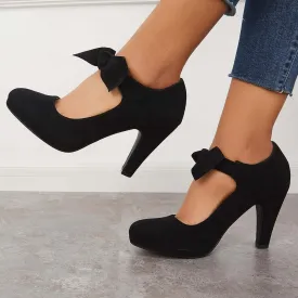 Sohiwoo Women Thick Heel Mary Jane Pumps Bowknot Round Toe Ankle Strap Heels