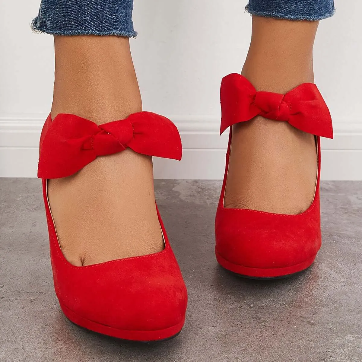Sohiwoo Women Thick Heel Mary Jane Pumps Bowknot Round Toe Ankle Strap Heels