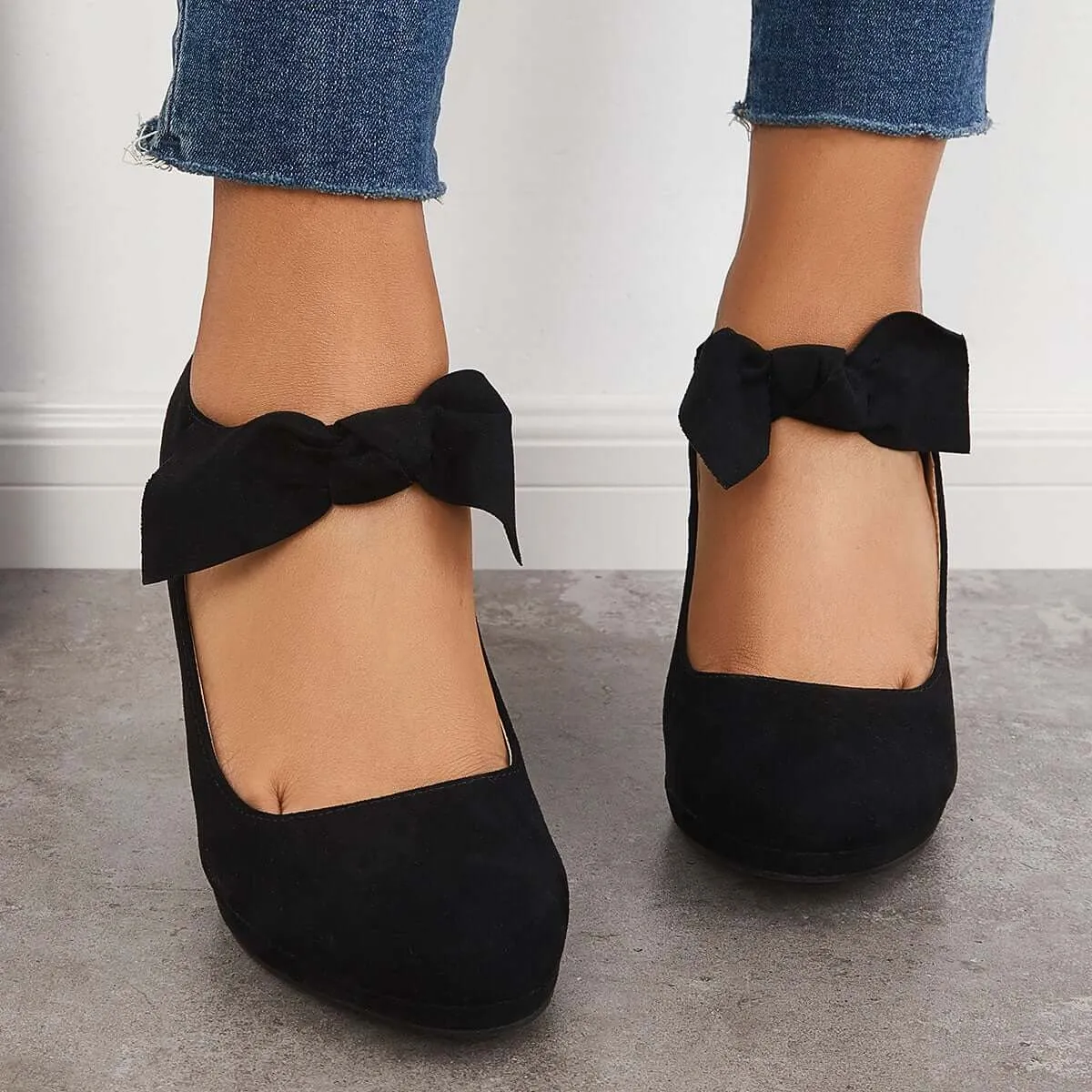 Sohiwoo Women Thick Heel Mary Jane Pumps Bowknot Round Toe Ankle Strap Heels
