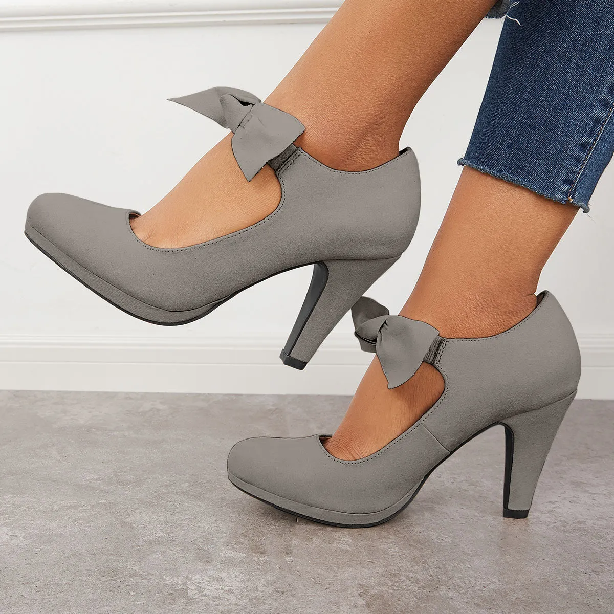 Sohiwoo Women Thick Heel Mary Jane Pumps Bowknot Round Toe Ankle Strap Heels