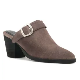TARRAH Grey Stacked Heel Mules with Adjustable Buckle