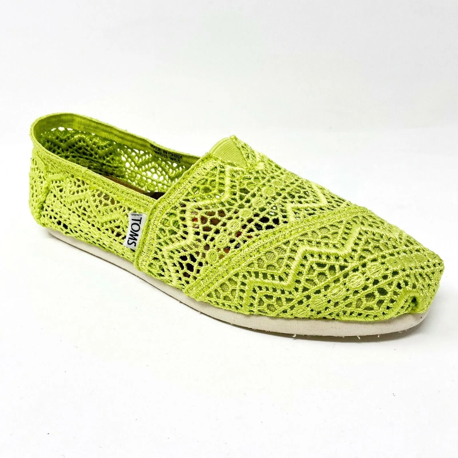 Toms Classics Neon Lime Crochet Womens Slip On Casual Canvas Flat Shoes