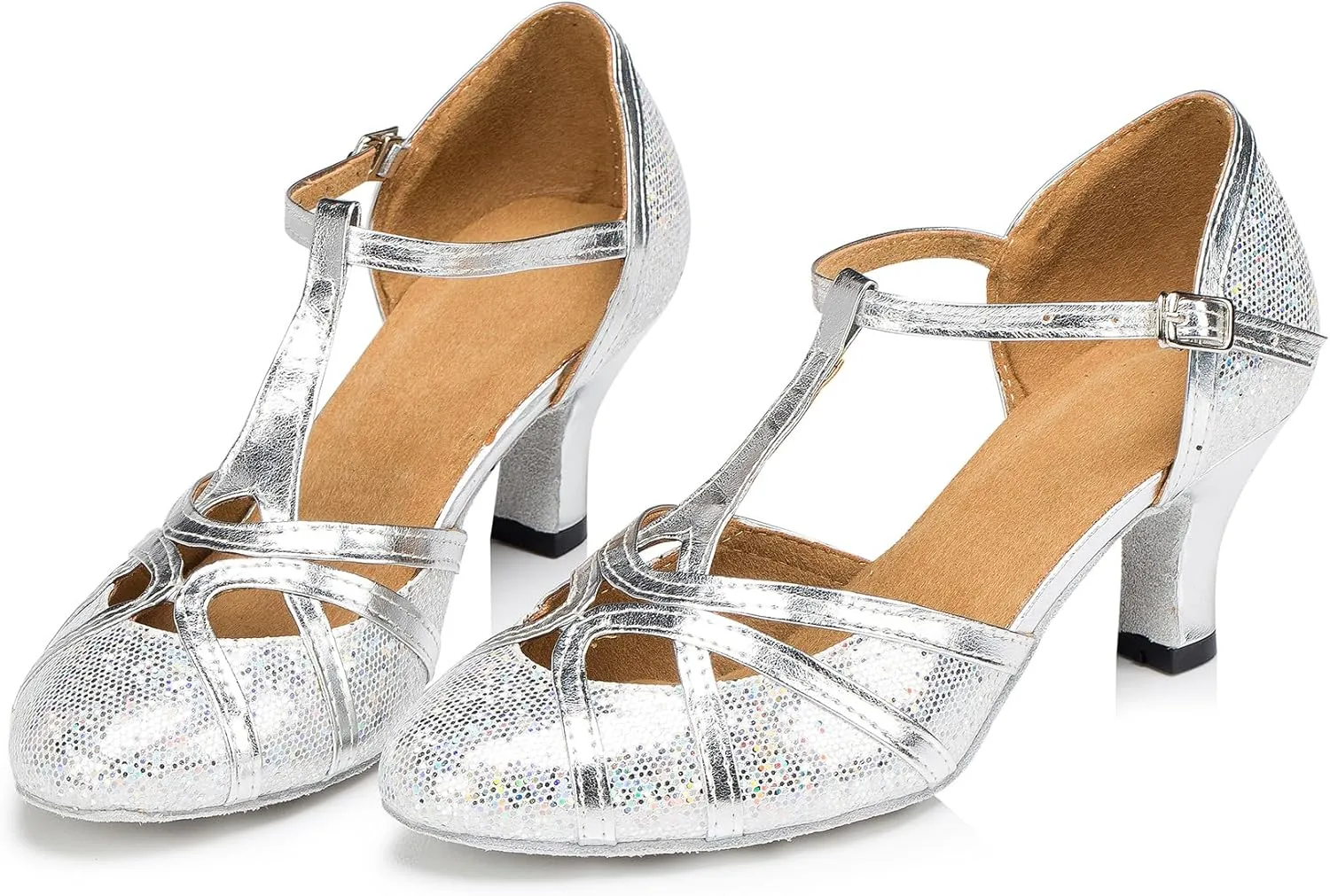 Womens Low Heel Dancing Shoes T-Strap Latin Pumps Party Wedding Heels X2040