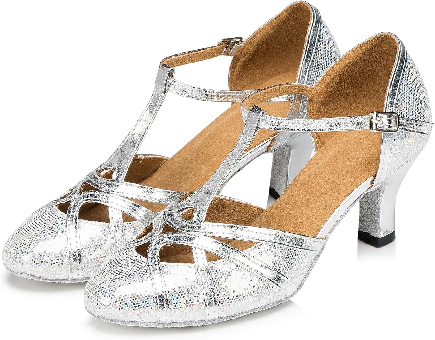 Womens Low Heel Dancing Shoes T-Strap Latin Pumps Party Wedding Heels X2040